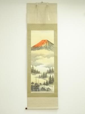 正峰筆　赤富士　肉筆絹本掛軸（共箱）